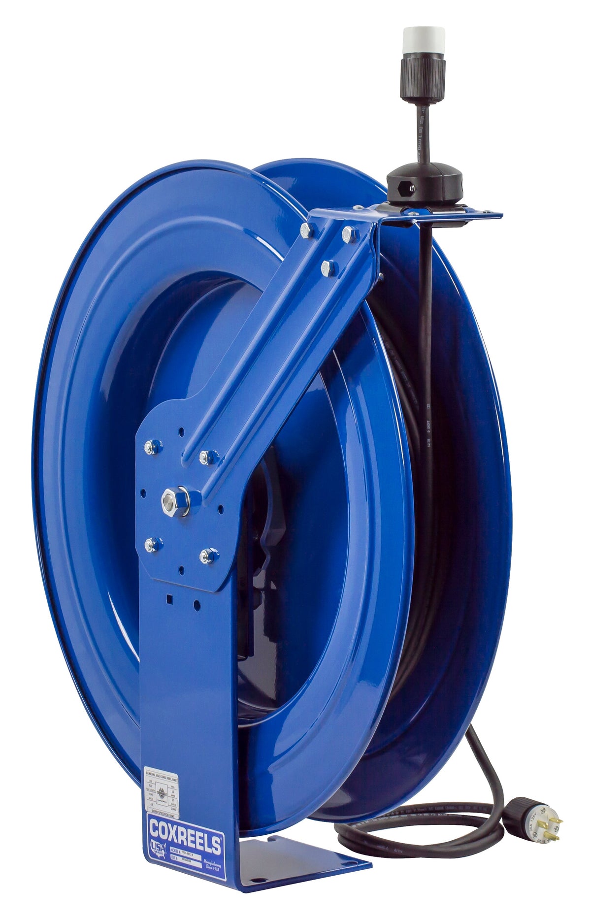 PC24-0012-A by Coxreels | PC Series | Spring Driven Power Cord Reel with Single Industrial Receptacle | 12/3 SJO Cord, 20A, 115V | Steel | 100ft Cord Included