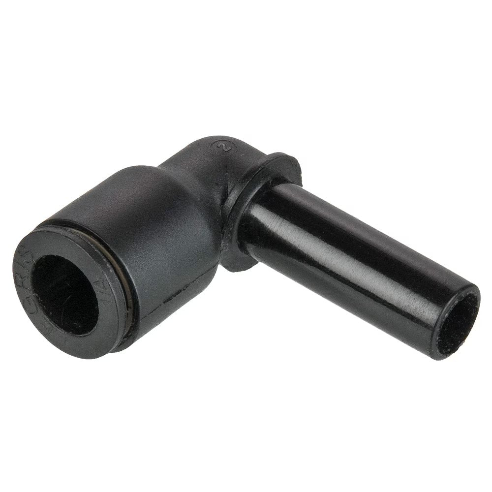 369PLPSP-4M by Parker | Prestolok PLP Composite Push-to-Connect Fittings | Plug-In Fittings | 4mm Plug-In x 4mm Tube Stem | 14mm Length (L) | 90° Elbow | Glass-Reinforced Nylon | Pack of 10