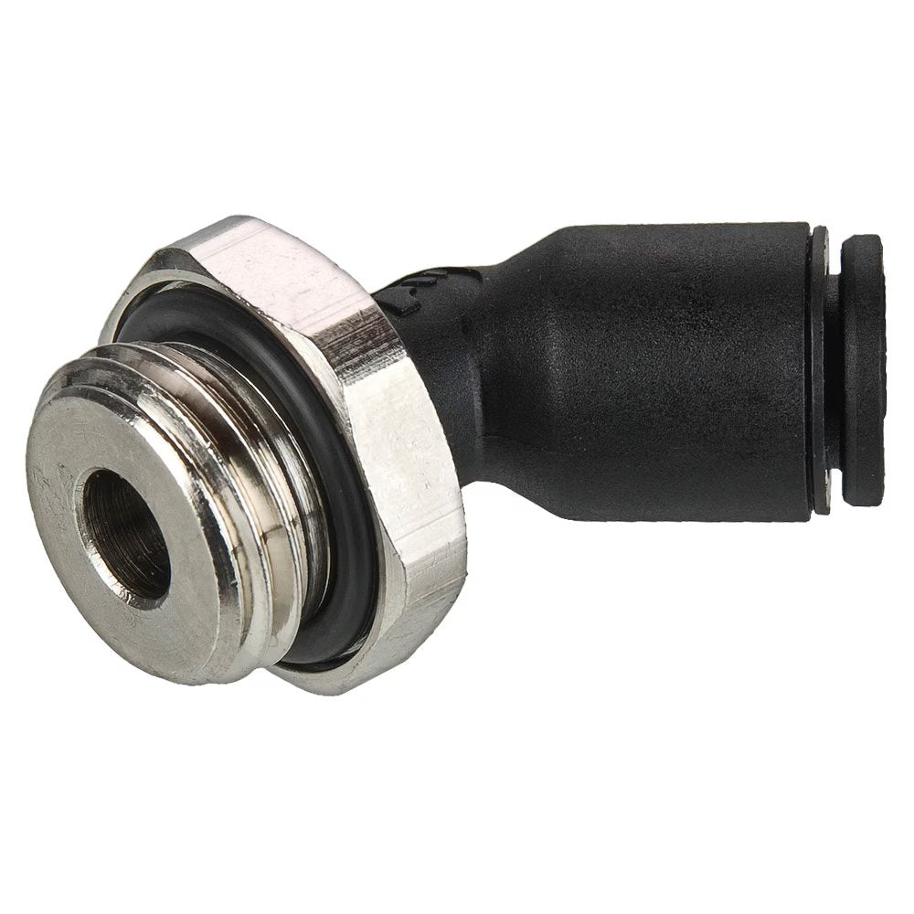 379PLP-8M-4G by Parker | Prestolok PLP Composite Push-to-Connect Fittings | Thread Fitting | 8mm Tube Size x 1/4" Male BSPP Thread | 16mm Hex | 19.5mm Length (L) | 45° Elbow | Glass-Reinforced Nylon | Pack of 10