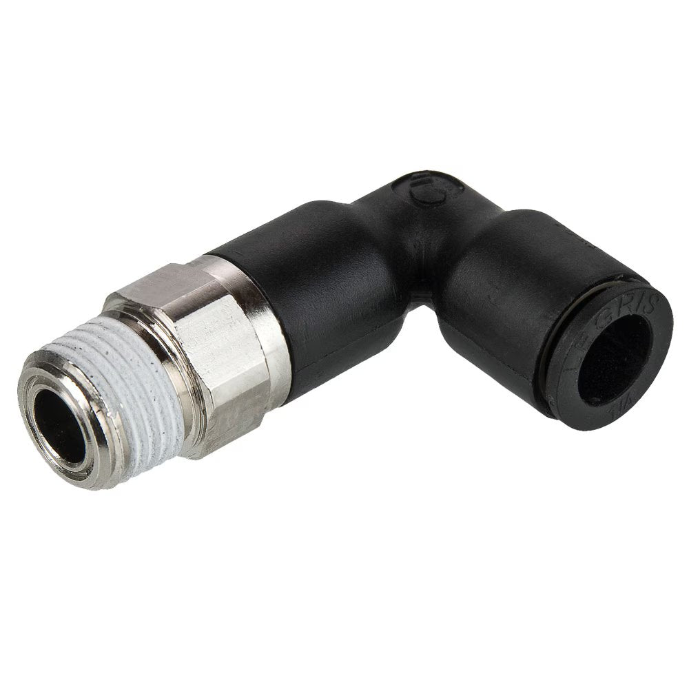 W369PLPX-8M-4R by Parker | Prestolok PLP Composite Push-to-Connect Fittings | Thread Fitting | 8mm Extended x 1/4" Male BSPT Thread | 14mm Hex | 29.5mm | 90° Long Elbow | Glass-Reinforced Nylon | Pack of 10