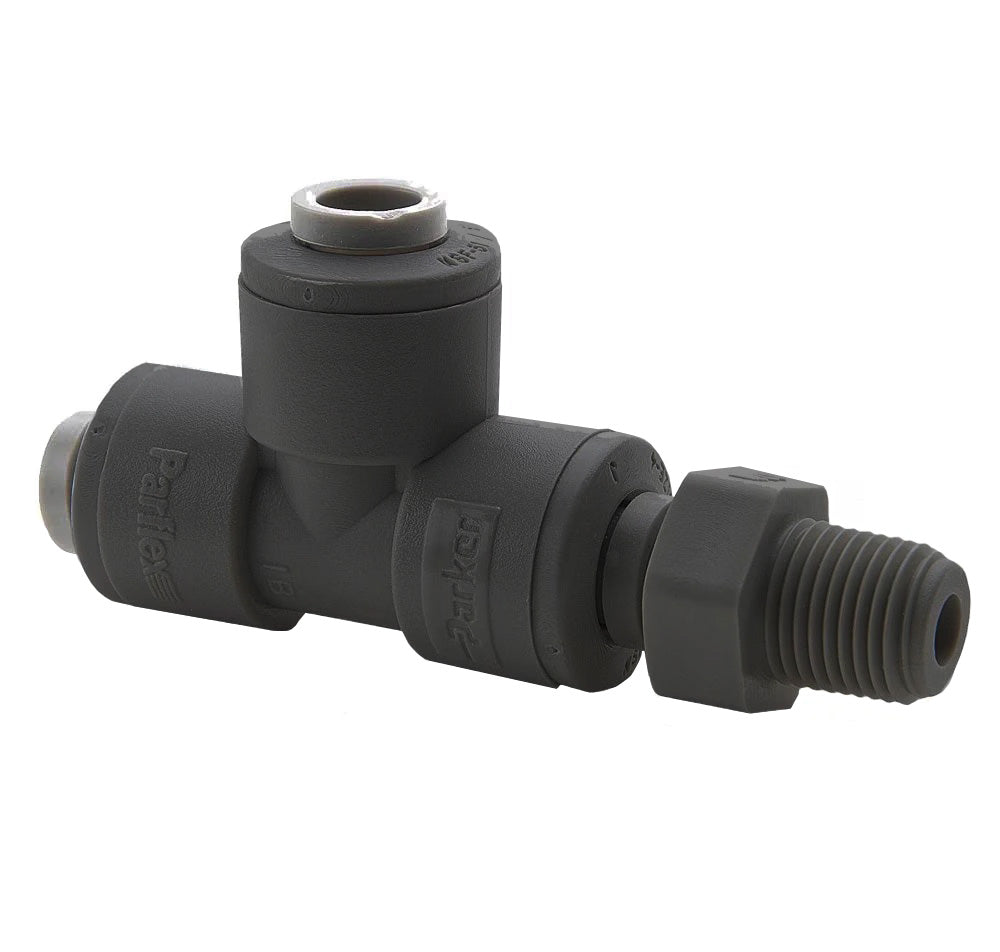 PPB6MRS4-MG by Parker | TrueSeal™ Threaded Fittings | 3/8" Tube OD x 1/4" Male NPTF Thread | 2.92" Length | Tee | Black | Polypropylene