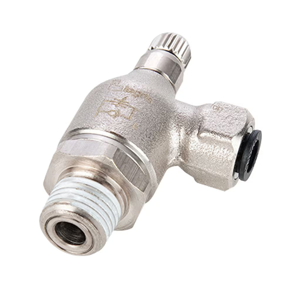 7105 56 11 by Parker | Legris Flow Control Regulator | 1/4" Push-to-Connect x 1/8" Female NPT Thread | 19mm Hex | 90° Elbow | Nickel-Plated Brass | Pack of 5