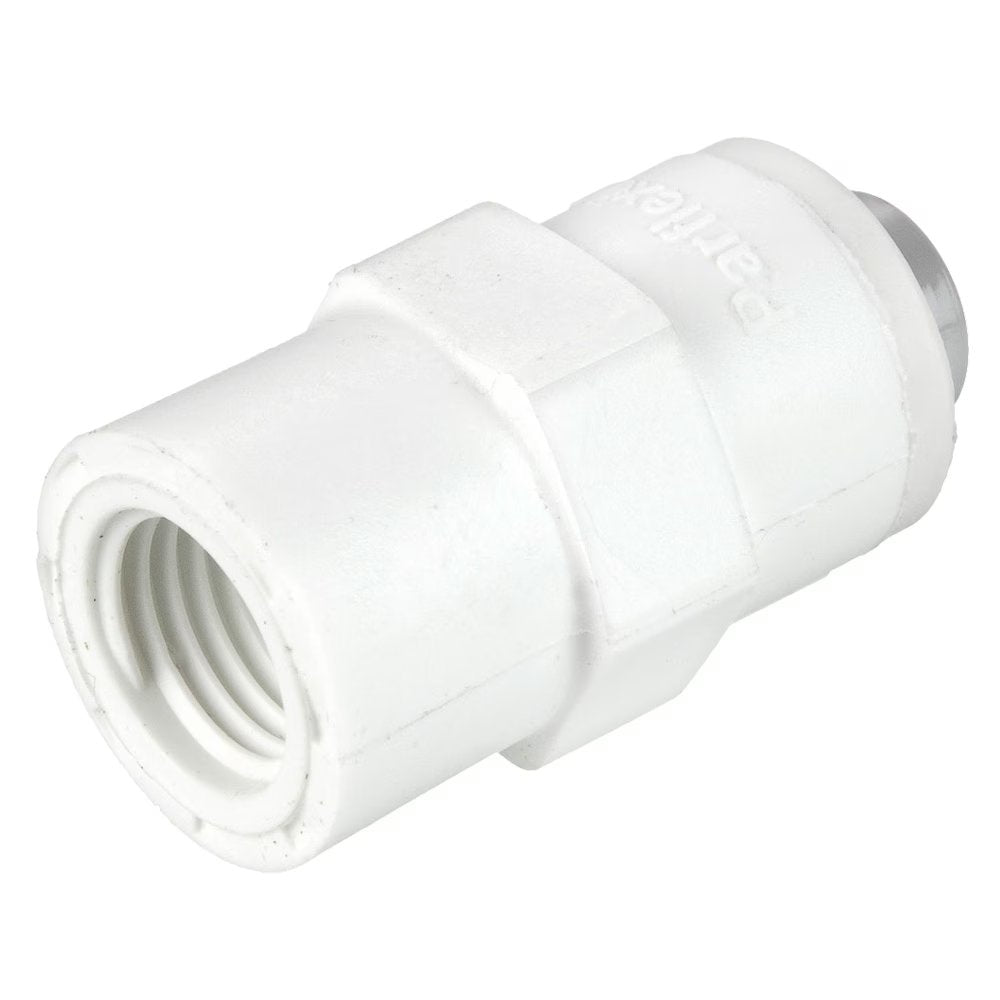 PP6FF6 by Parker | TrueSeal™ Threaded Fittings | 3/8" Female 45° Flare Connector x 5/8-18" UNS-2B Thread | 1.50" Length | Straight | White | Polypropylene