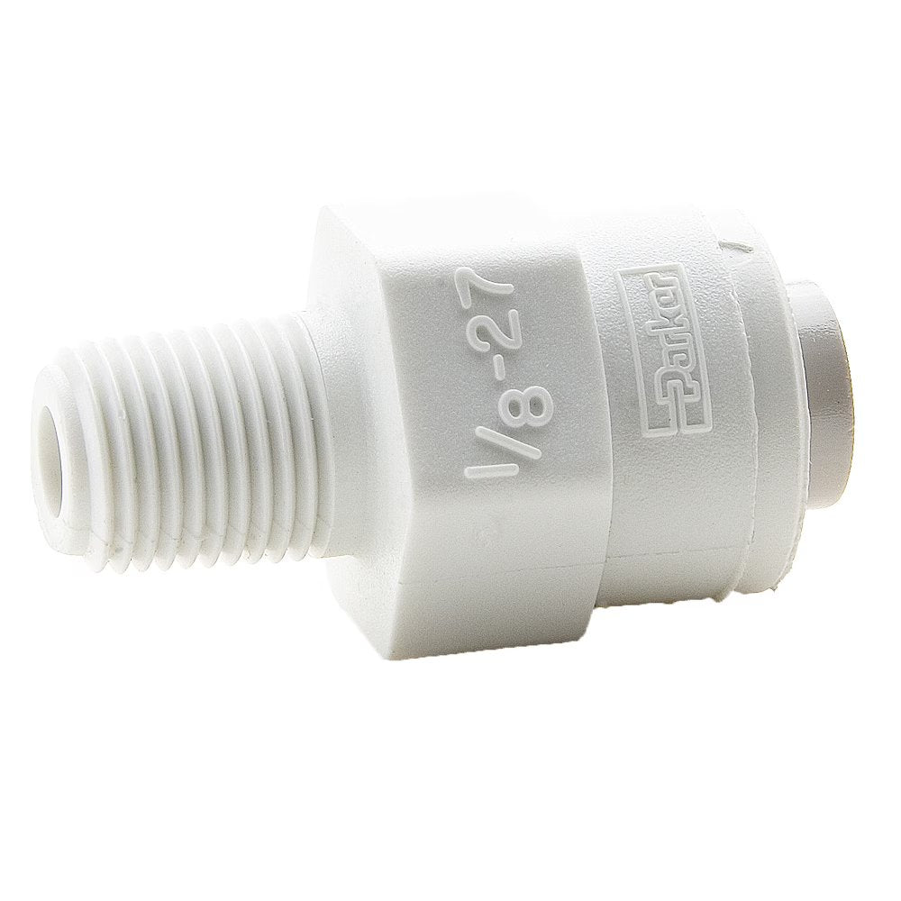 PP8MC6 by Parker | TrueSeal™ Threaded Fittings | 1/2" Connector x 3/8" Male NPTF Thread | 15/16" Hex | 1.65" Length | Straight | White | Polypropylene