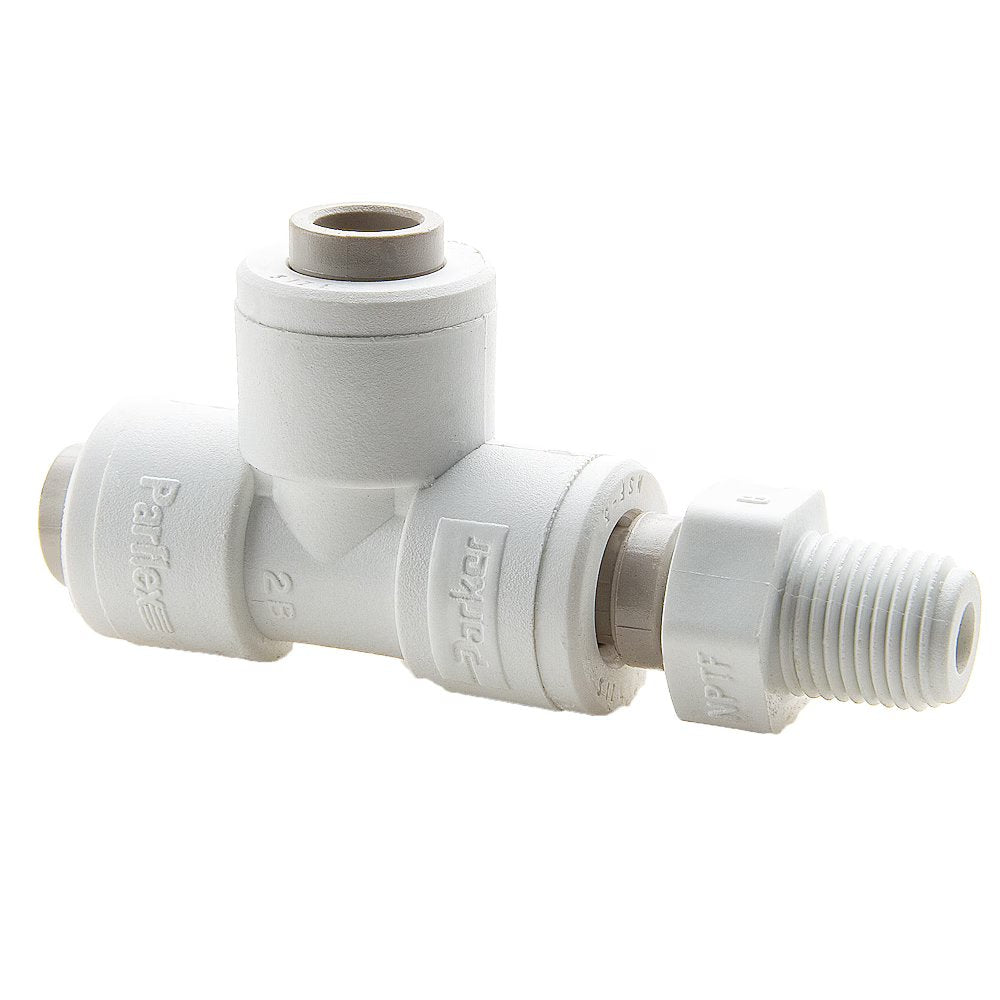 PP8MRS8 by Parker | TrueSeal™ Threaded Fittings | 1/2" Swivel Tube OD x 1/2" Male NPTF Thread | 3.32" Length | Tee | White | Polypropylene