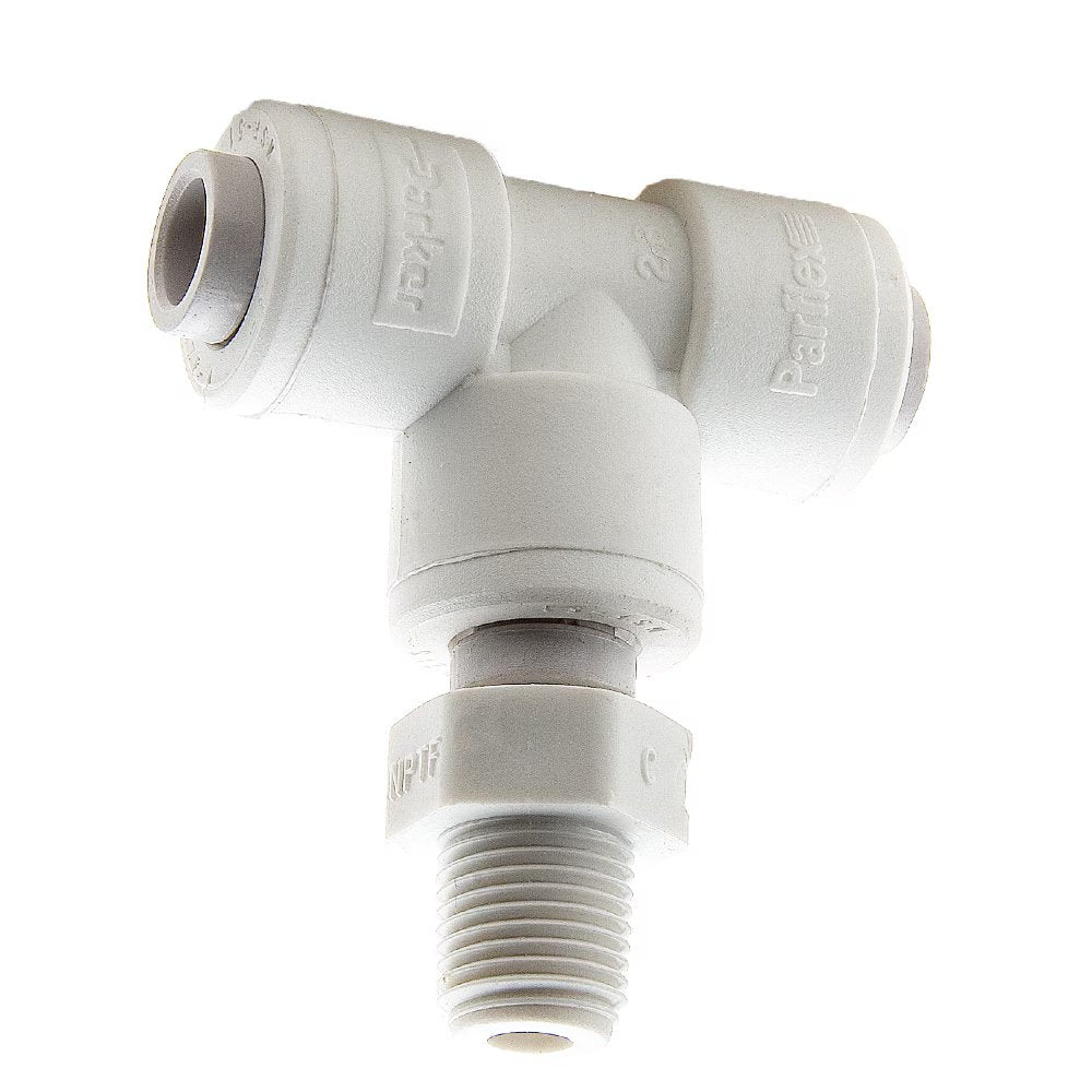 PP6MTS6 by Parker | TrueSeal™ Threaded Fittings | 3/8" Swivel Tube OD x 3/8" Male NPTF Thread | 2.31" Length | Tee | White | Polypropylene
