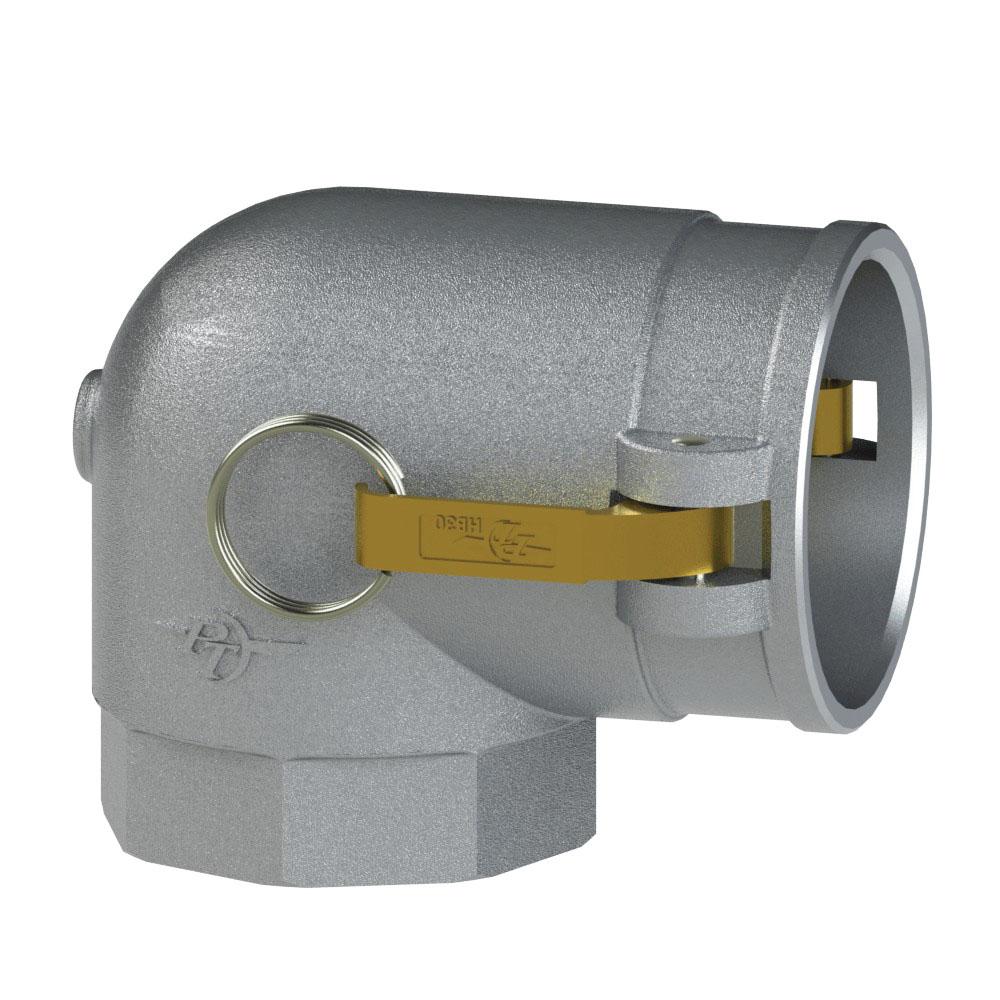 1070720 (20G) by PT-Coupling | Cam & Groove Adapter with Check Valve | Type G | 90° Elbow | 2" Female NPT x 2" Coupler | Aluminum/HB | Buna-N Seal