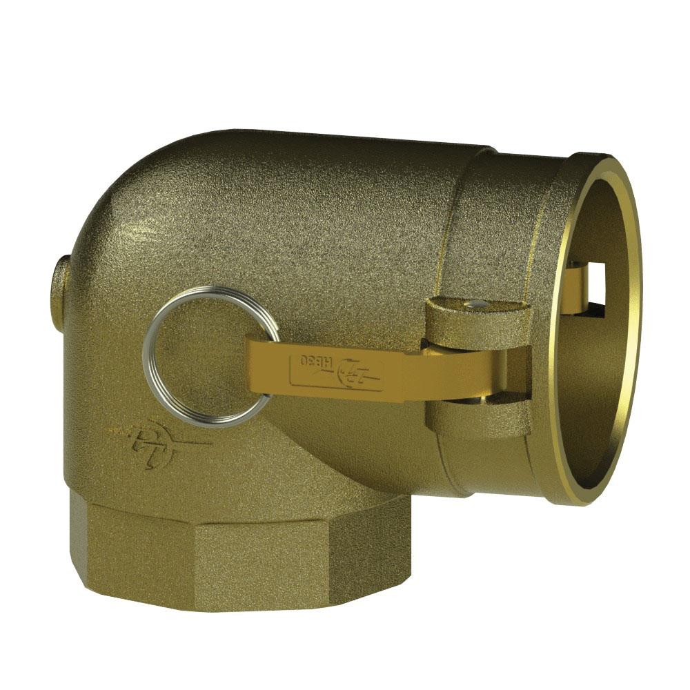1200730 (30G) by PT-Coupling | Cam & Groove Adapter with Check Valve | Type G | 90° Elbow | 3" Female NPT x 3" Coupler | Brass/HB | Buna-N Seal
