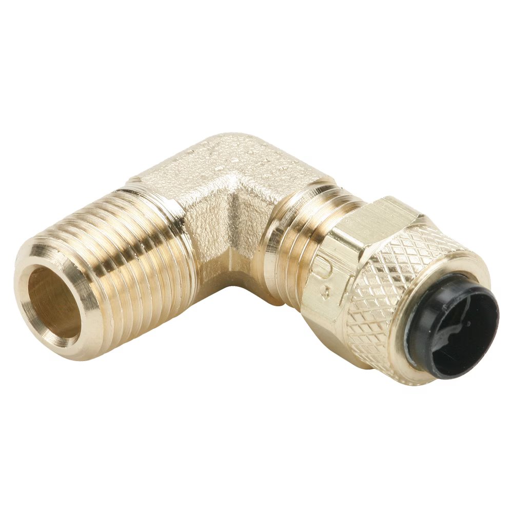 169P-4-4 by Parker | Poly-Tite Fittings | 1/4" Tube Size x 1/4" Male Pipe Thread x 3/8" Thread | 90° Elbow | Brass | Pack of 100