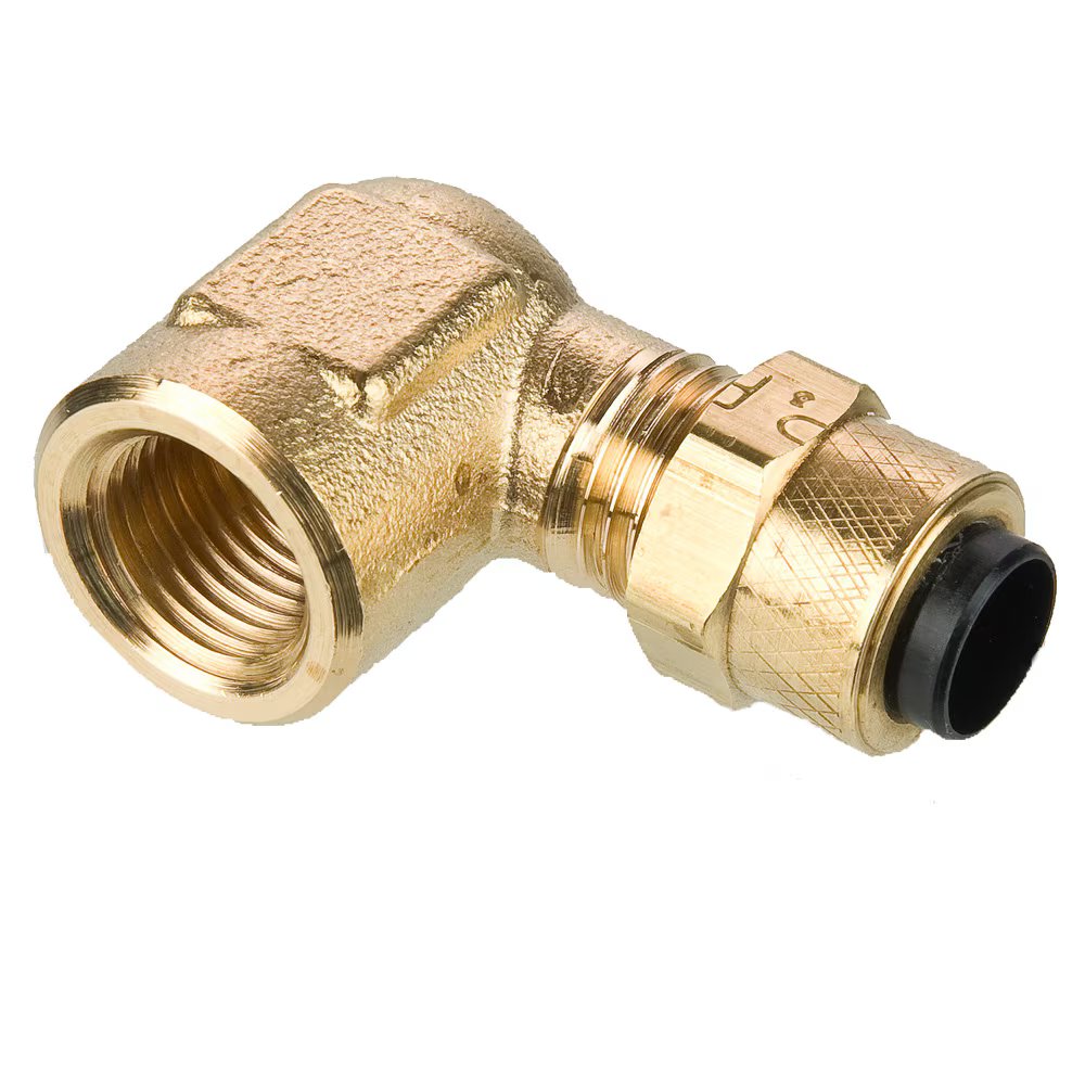 170P-8-6 by Parker | Poly-Tite Fittings | 1/2" Tube Size x 3/8" Female Pipe Thread x 11/16 Thread | 90° Elbow | Brass | Pack of 10