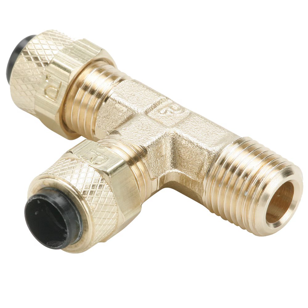 171P-8-6 by Parker | Poly-Tite Fittings | 1/2" Tube Size x 3/8" Male Pipe Thread x 11/16" Thread | 1.84" Length | Tee | Brass | Pack of 10