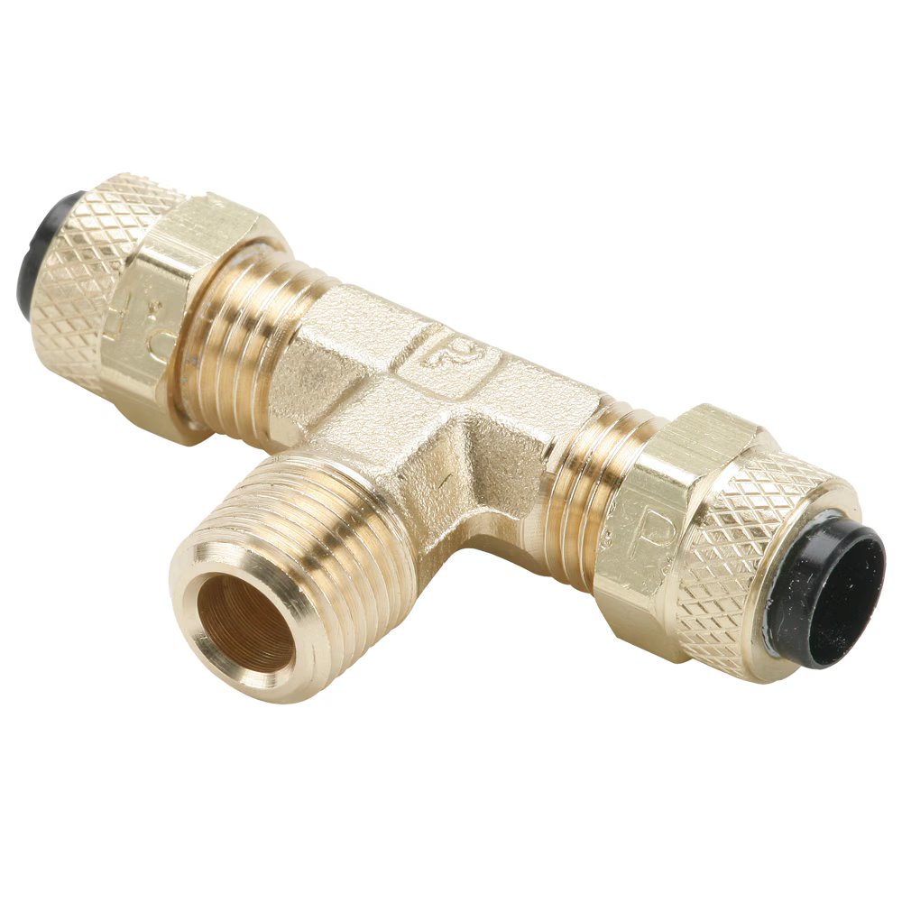 172P-5-2 by Parker | Poly-Tite Fittings | 5/16" Tube Size x 1/8" Male Pipe Thread x 7/16" Thread | 1.66" Length | Tee | Brass | Pack of 25