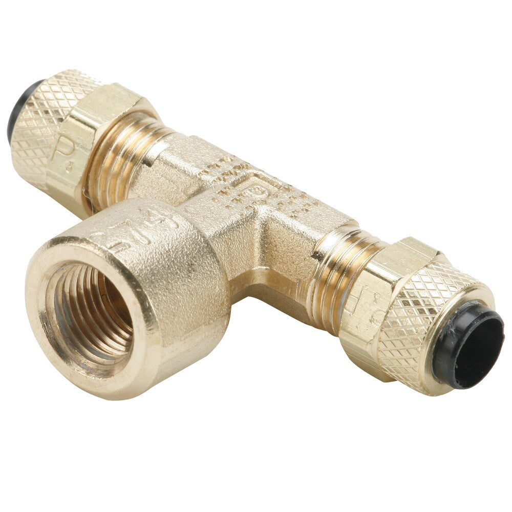 177P-4-4 by Parker | Poly-Tite Fittings | 1/4" Tube Size x 1/4" Female Pipe Thread x 3/8" Thread | 1.84" Length | Tee | Brass | Pack of 10