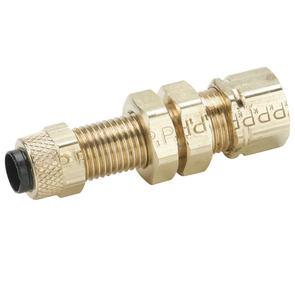 62PCABH-4 by Parker | Poly-Tite Fittings | Bulkhead Union | 1/4" Tube Size x 3/8" to 7/16" Thread | 9/16" Hex | 1.81" Length | Straight | Brass | Pack of 25