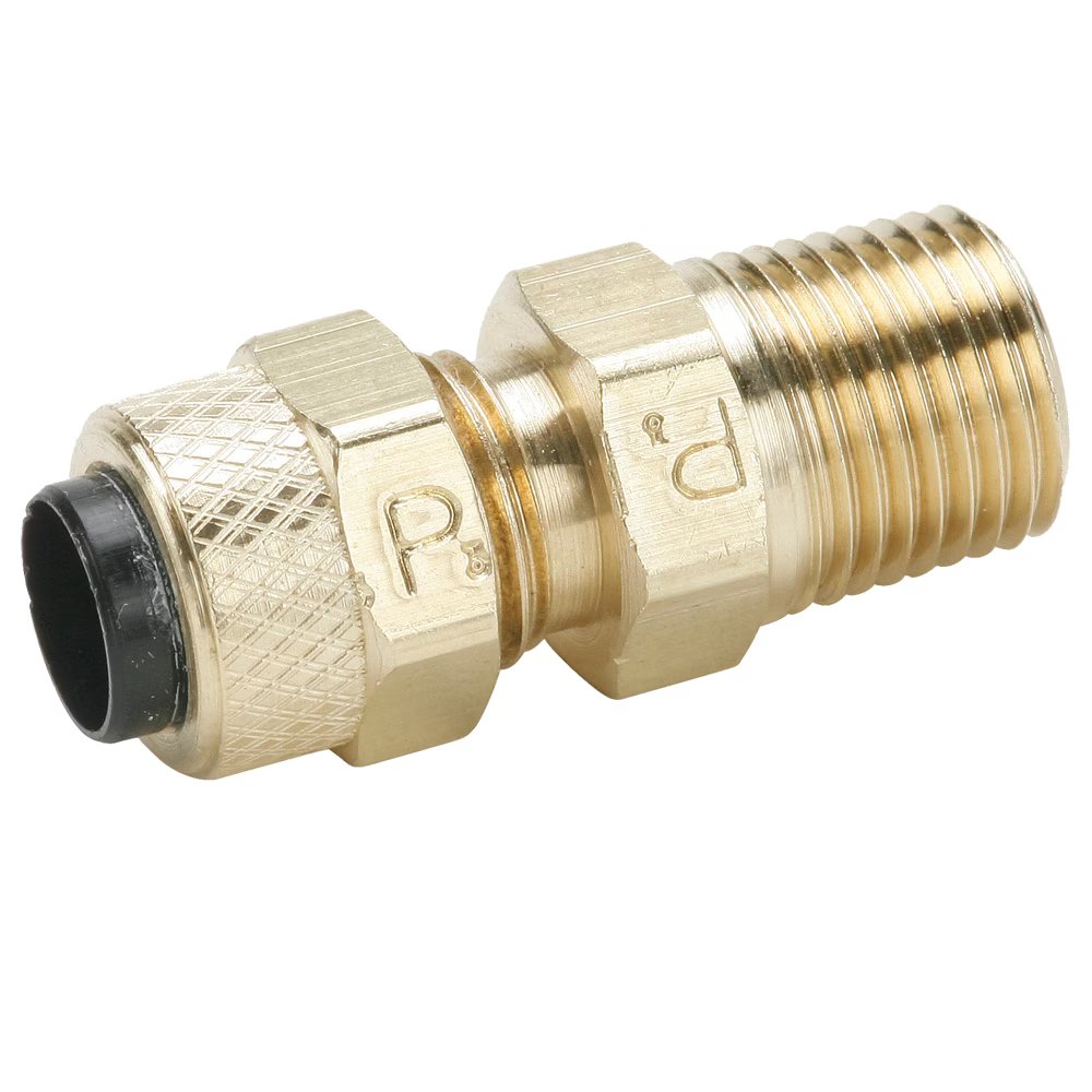 68P-6-4 by Parker | Poly-Tite Fittings | 3/8" Tube Size Connector x 1/4" Male Pipe Thread x 1/2" Thread | 9/16" Hex | 1.29" Length | Straight | Brass | Pack of 100