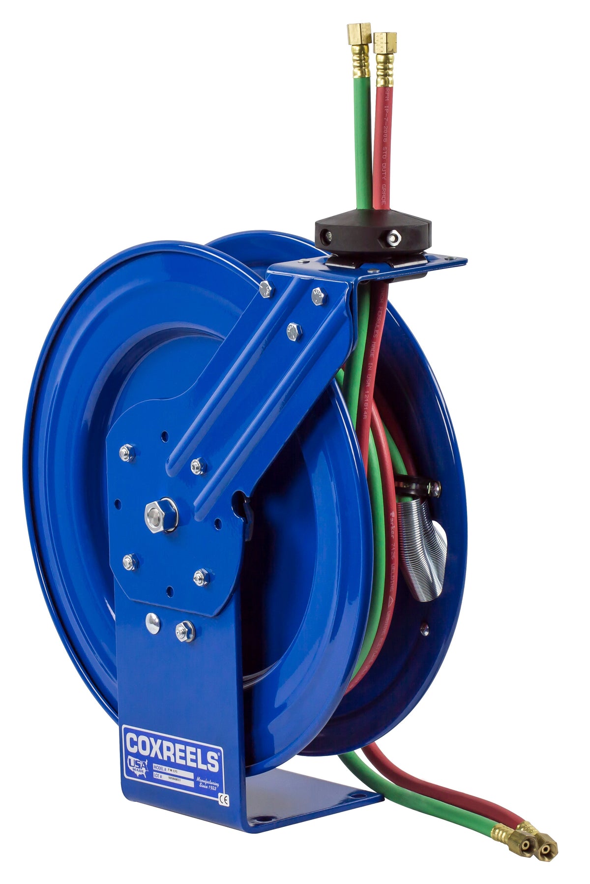 P-W-140 by Coxreels | P-W Series | 200 PSI Dual Hose Spring Driven Hose Reel for Oxy-Acetylene Welding | 1/4" Hose ID, 1/4" FNPT Inlet x 1/4" MNPT Hose End | Steel | 40ft EPDM Hose Included