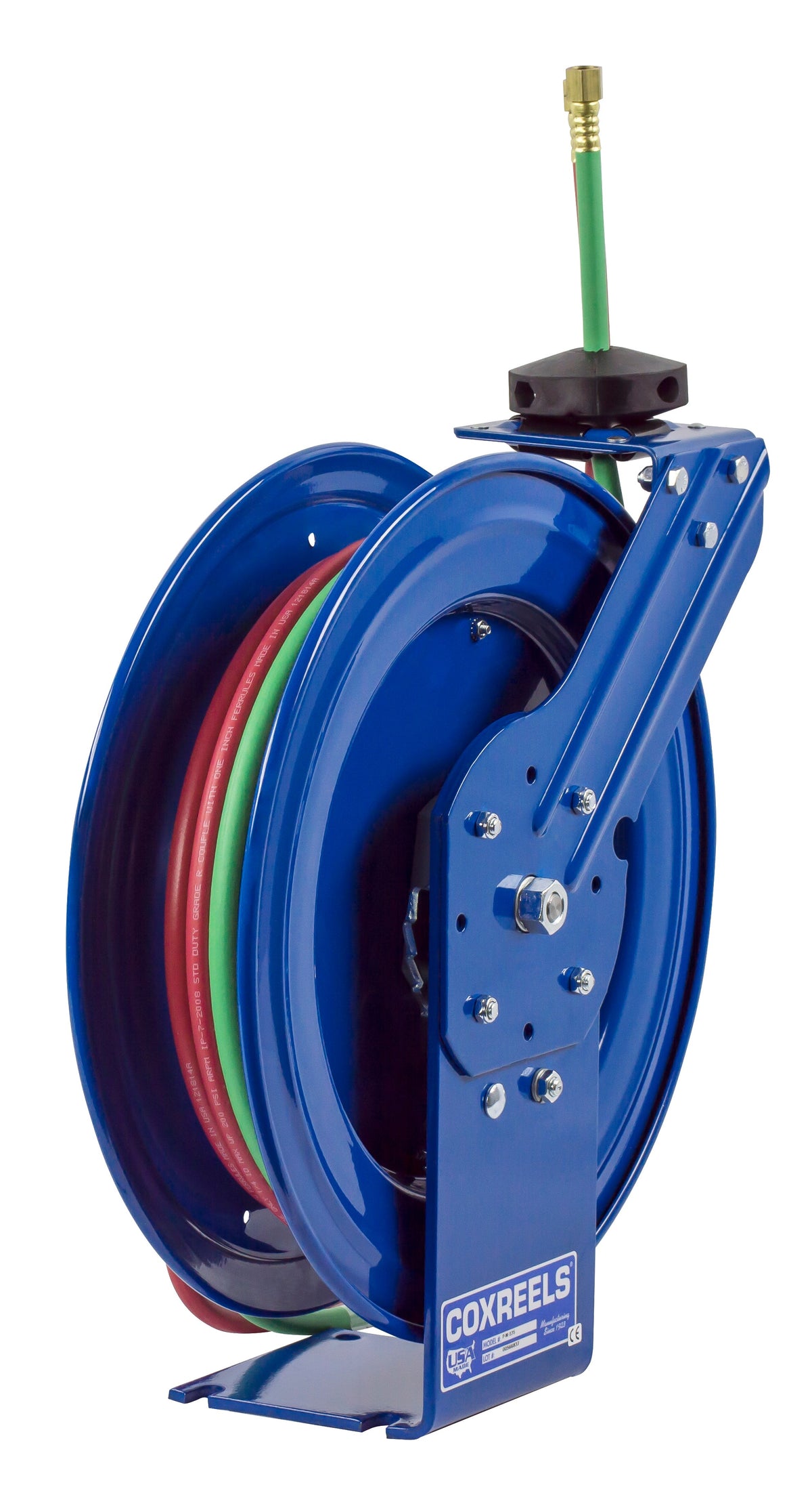 P-W-125 by Coxreels | P-W Series | 200 PSI Dual Hose Spring Driven Hose Reel for Oxy-Acetylene Welding | 1/4" Hose ID, 1/4" FNPT Inlet x 1/4" MNPT Hose End | Steel | 25ft EPDM Hose Included