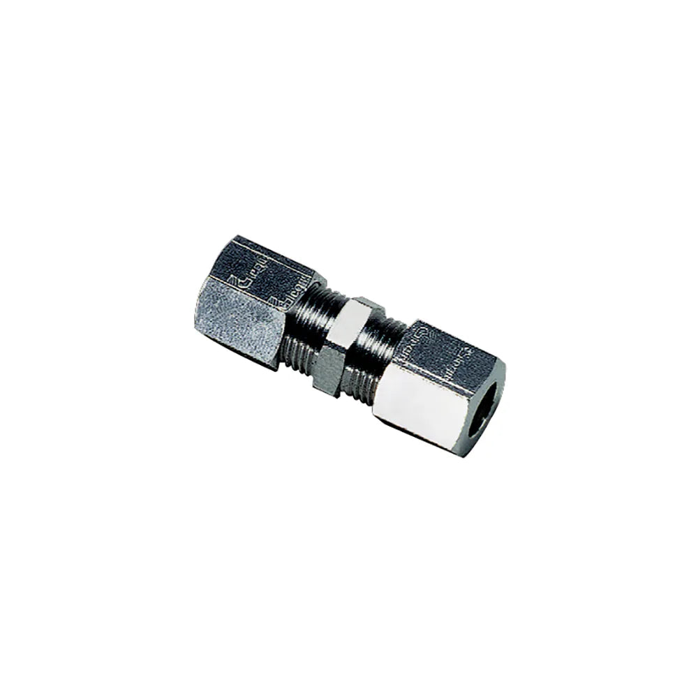 1806 06 00 by Parker | Legris Tube-to-Tube Connector | 6 mm Tube Size x 6 mm Tube Size | 12 mm Hex (F) | 13 mm Hex (F1) | 34.5 mm Length | Straight | 316L Stainless Steel | Pack of 2