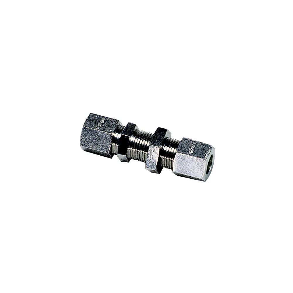 1816 08 00 by Parker | Legris Bulkhead Connector | 8mm Tube Size x 8mm Tube Size | 14mm Hex (F) | 14mm Hex (F1) | 49mm Length | Straight | 316L Stainless Steel | Pack of 2