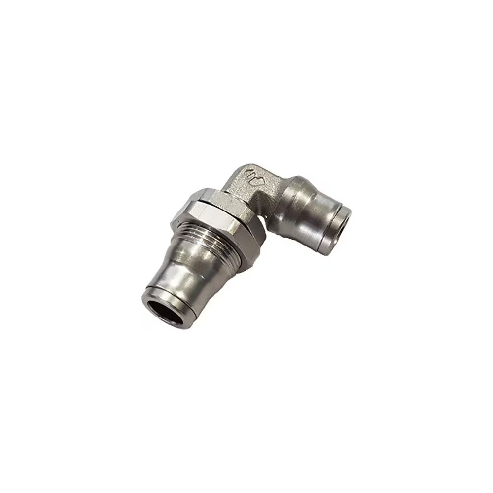 3639 08 00 by Parker | Legris Bulkhead Swivel Connector | 8 mm Tube Size | 19 mm Hex | 44 mm Length | 90° Elbow | Nickel-Plated Brass | Pack of 10