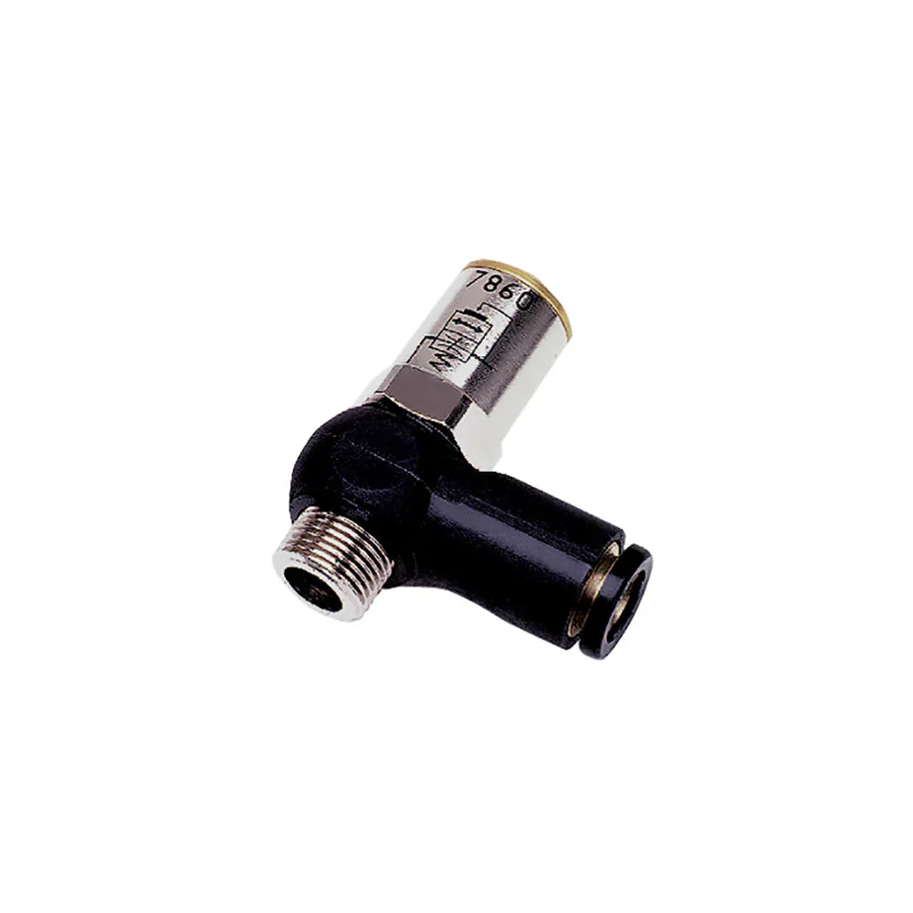 7860 10 17 by Parker | Legris Soft Start Fitting for Isolating Valve | 10 mm Tube Size x 3/8" Male BSPP Thread | 22 mm Hex | 90° Elbow | Polymer