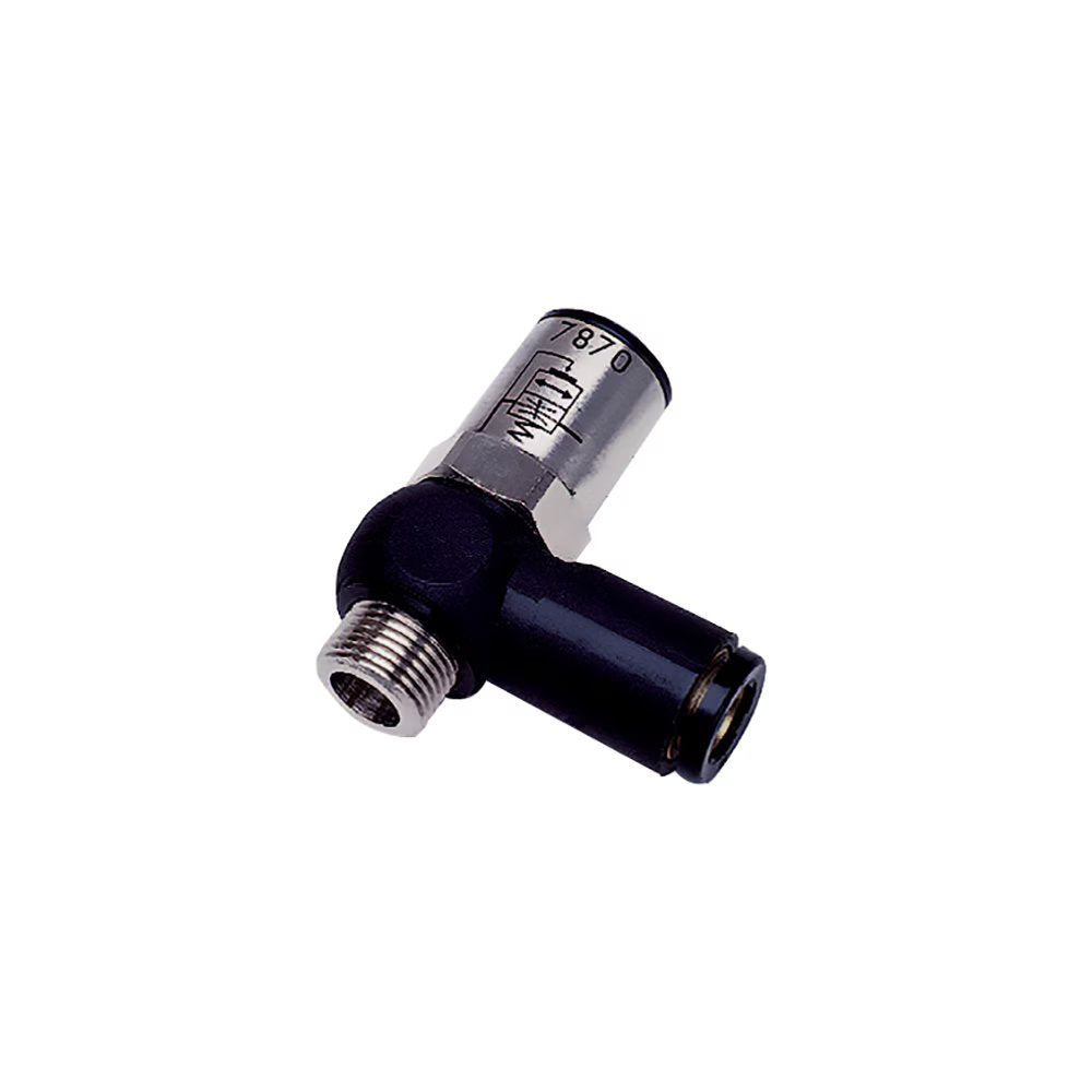 7870 08 13 by Parker | Legris Soft Start Fitting for Control Valve | 8 mm Tube Size x 1/4" Male BSPP Thread | 17 mm Hex | 90° Elbow | Polymer