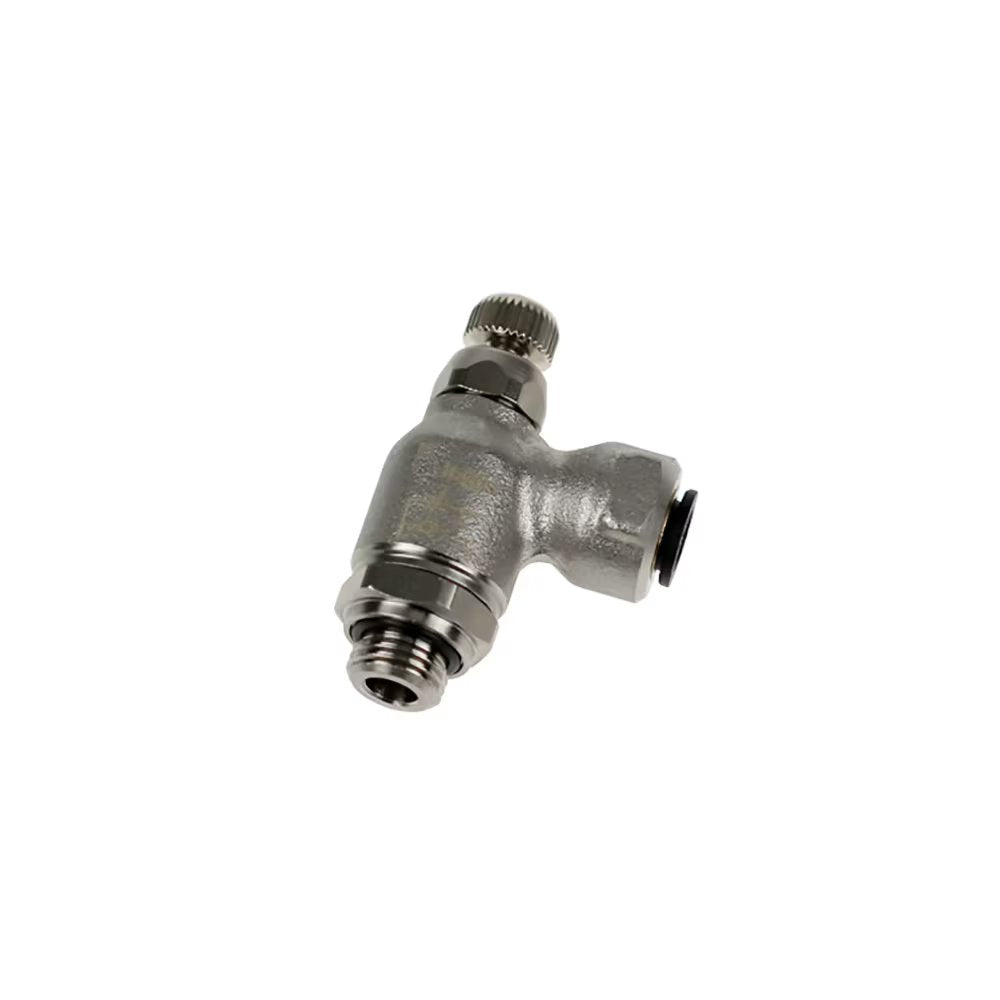7100 06 13 by Parker | Legris Compact Flow Regulator | 6mm Tube Size x 1/4" Male BSPP Thread | 19mm Hex | 90° Elbow | Nickel-Plated Brass | Pack of 5