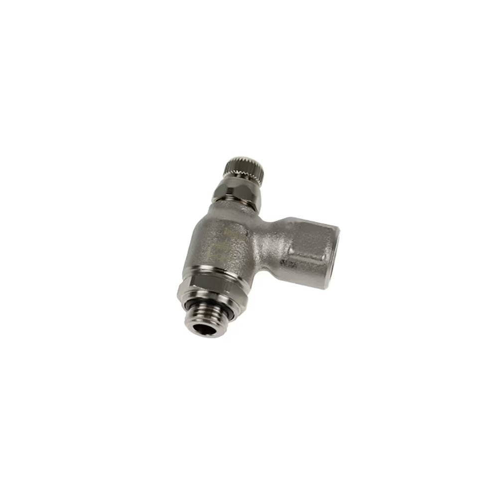 7110 13 13 by Parker | Legris Compact Flow Regulator Exhaust | 1/4" Male/Female BSPP Thread | 19mm Hex | 90° Elbow | Nickel-Plated Brass | Pack of 5
