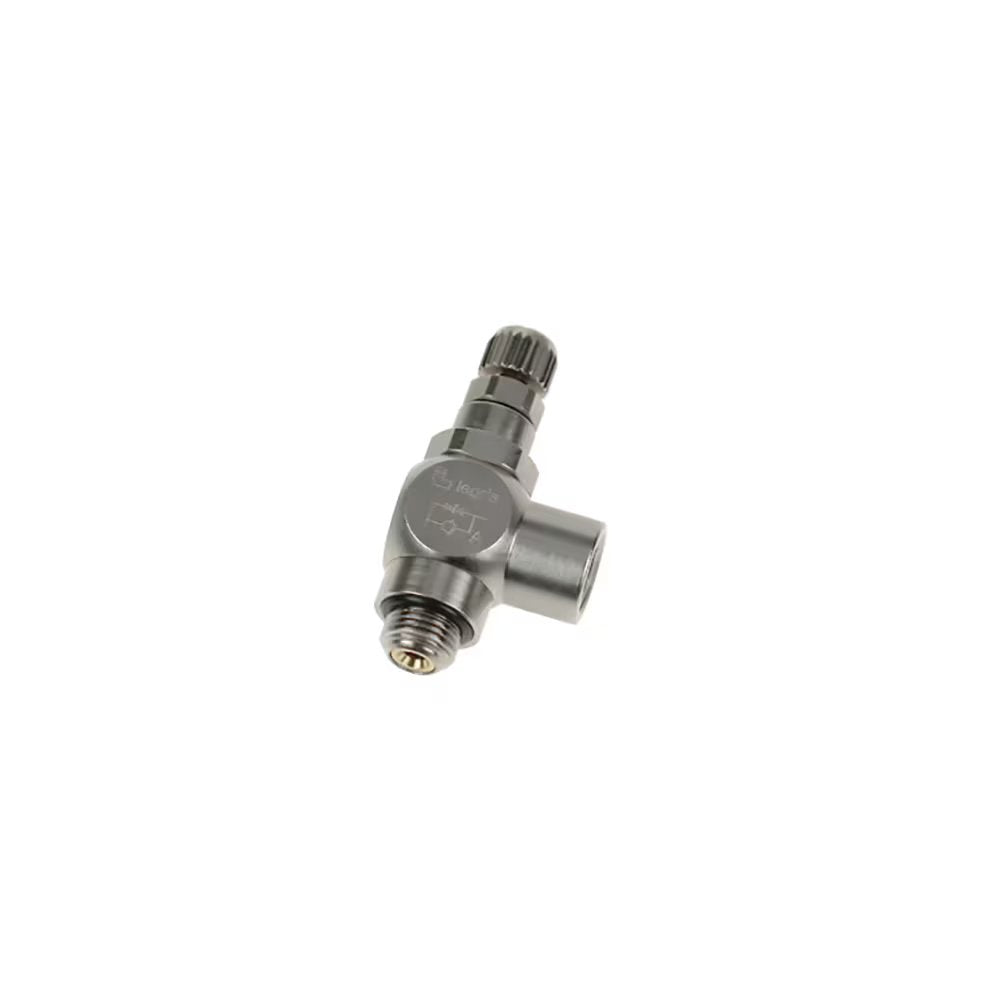 7190 19 19 by Parker | Legris Miniature Flow Regulator Exhaust | M5x0.8 Male/Female M5 Metric Thread | 8mm Hex | 90° Elbow | Nickel-Plated Brass | Pack of 10