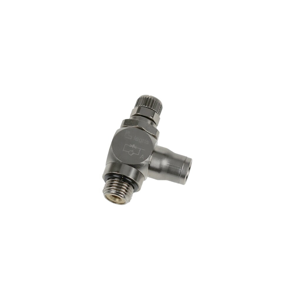 7180 06 19 by Parker | Legris Miniature Flow Regulator Exhaust | 6mm Tube Size x M5x0.8 Male M5 Metric Thread | 8mm Hex | 33mm Length | 90° Elbow | Nickel-Plated Brass | Pack of 10