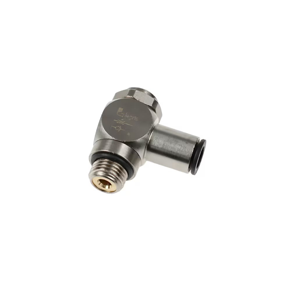 7130 10 21 by Parker | Legris Flow Regulator | 10mm Tube Size x 1/2" Male BSPP Thread | 23mm Hex | 90° Elbow | Nickel-Plated Brass
