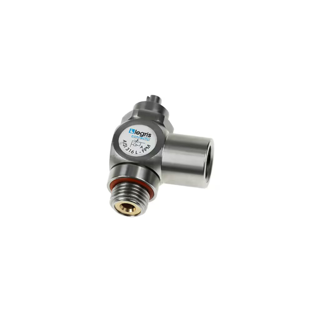 7810 21 21 by Parker | Legris Threaded Port Knobless Meter Out Flow Control | G1/2" Male BSPP Thread x G1/2" Female BSPP Thread | 3.03" Length | 90° Elbow | Stainless Steel
