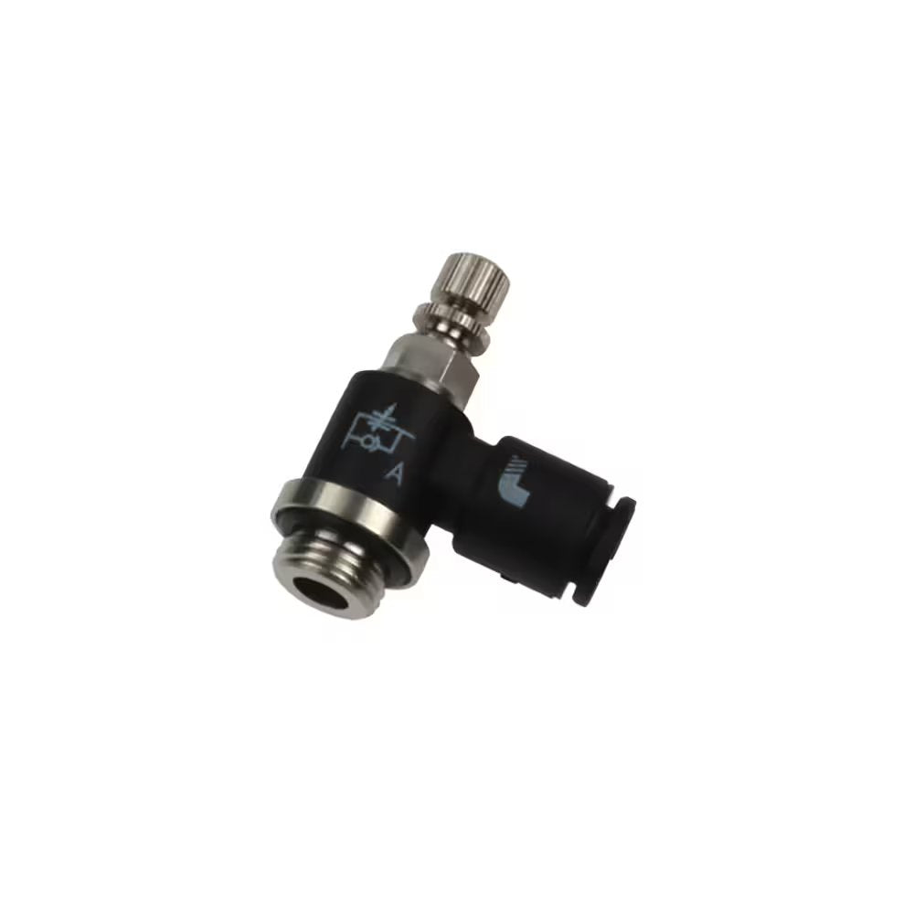 7660 03 09 by Parker | Legris Miniature Flow Regulator Exhaust | 3mm Tube Size x M3x0.5 Male M3 Metric Thread | 6mm Hex | 90° Elbow | Polymer | Pack of 10