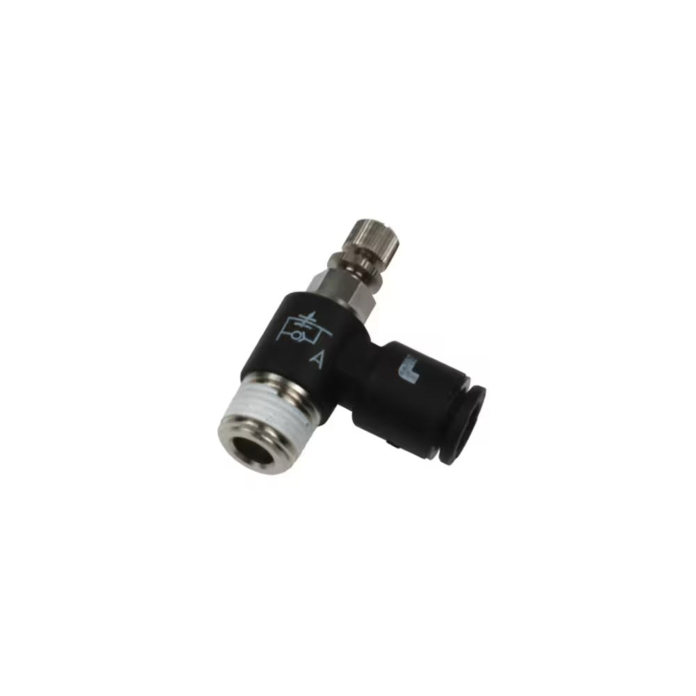 7665 08 17 by Parker | Legris Miniature Flow Regulator Exhaust | 8mm Tube Size x 3/8" Male BSPT Thread | 20mm Hex | 90° Elbow | Polymer | Pack of 10