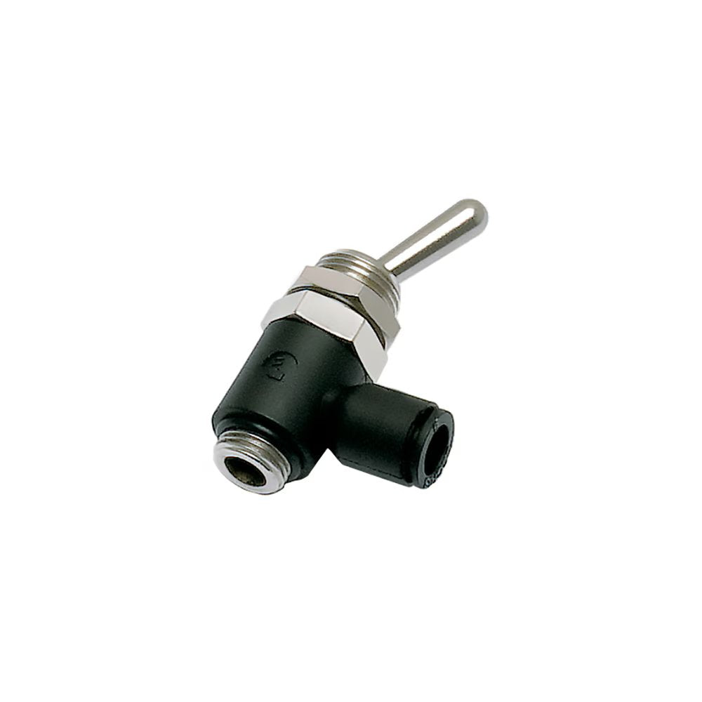 7802 08 13 by Parker | Legris 2/2 Manual Switch-Operated Valve | 8 mm Tube Size x 1/4" Male BSPP Thread | 90° Elbow | Polymer