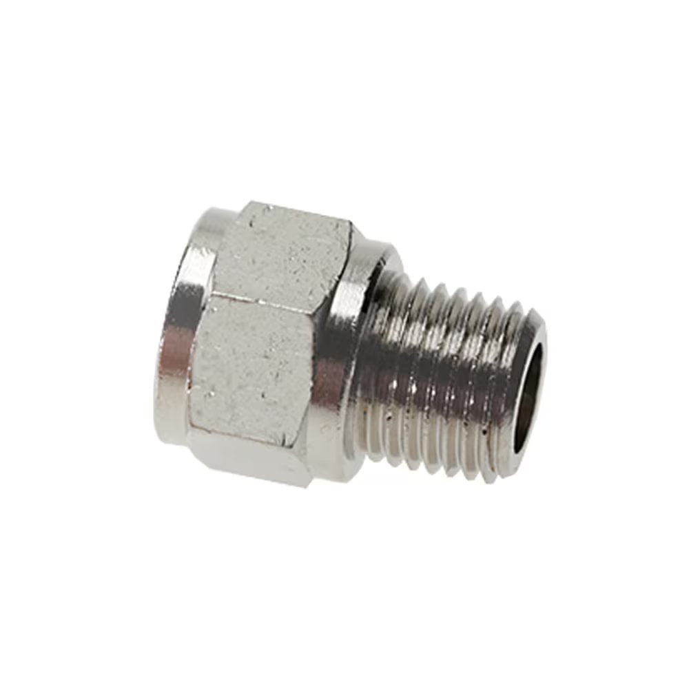 0933 00 13 by Parker | Legris Increaser | 1/4" Male BSPT Thread x 1/4" Female BSPP Thread | 17 mm Hex | Straight | Nickel-Plated Brass | Pack of 10
