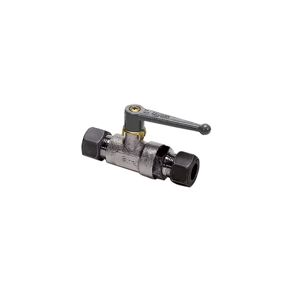 0411 10 12 by Parker | Legris In-Line Ball Valve | 12 mm Tube Size | 12 mm Hex (H) | 24 mm Hex (H1) | 85 mm Valve Length | Straight | Nickel-Plated Brass | Pack of 2