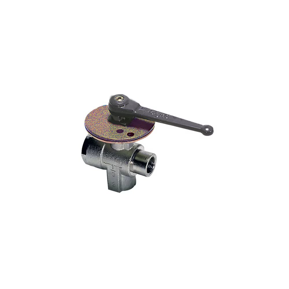 0438 18 27 by Parker | Legris 3-Point Lockable Ball Valve | 3/4" Female BSPP Thread | 38 mm Hex | 90° Elbow | Nickel-Plated Brass