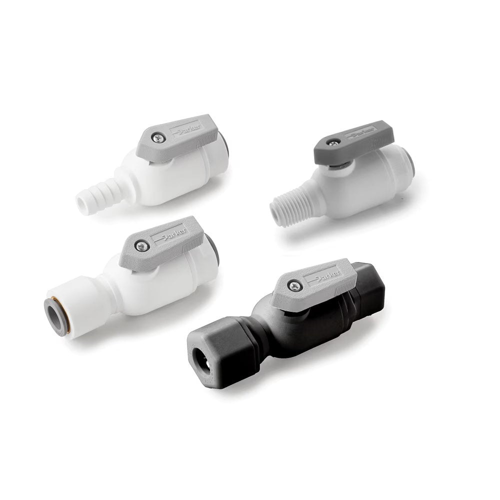 PPB4VMC4-MG by Parker | TrueSeal™ Ball Valve | 1/4" Push-to-Connect x 1/4" Male NPTF Thread | 2.40" Length | Straight | Black | Polypropylene