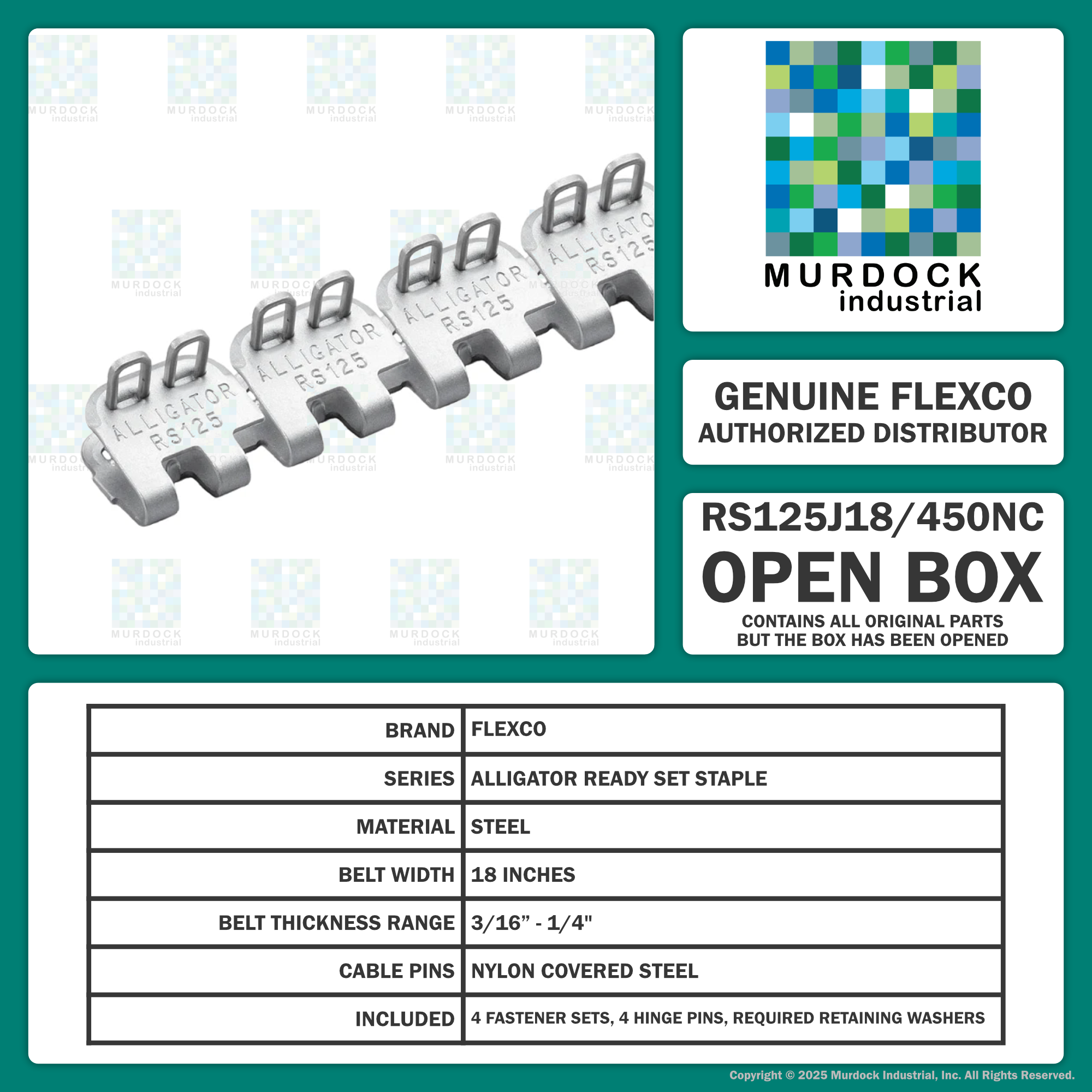 RS125J18/450NC by Flexco | #54518 | Alligator Ready Set Staple | 18" Belt Width | Nylon Covered Steel Cable Pins | Steel