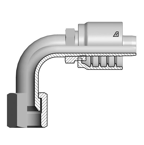 S-1214-FJ9M Alfagomma by Kuriyama | S Series | One-Piece AlfaCrimp Hydraulic Hose Fitting | with Stem Hexagon | 90° Elbow | Medium Drop | -14 Female 37° JIC Swivel x -12 Hose ID | Steel