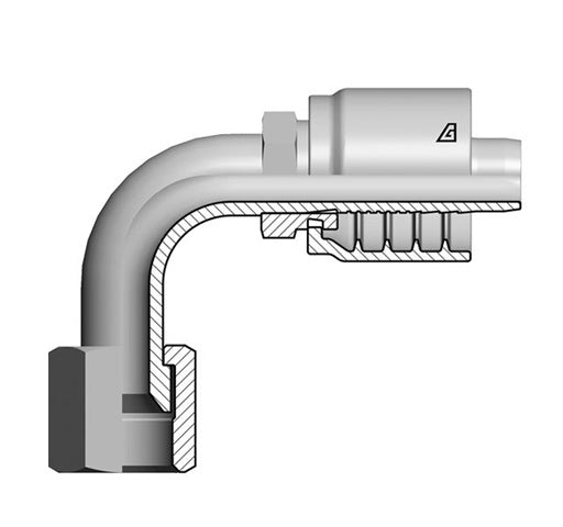 S-1216-FJ9S Alfagomma by Kuriyama | S Series | One-Piece AlfaCrimp Hydraulic Hose Fitting | with Stem Hexagon | 90° Elbow | Short Drop | -16 Female 37° JIC Swivel x -12 Hose ID | Steel