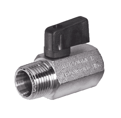 S35AZ0 by RuB Inc. | High Pressure Mini Ball Valve | 1/8" Male NPT x 1/8" Female NPT | with Black Nylon Wedge Handle | Brass