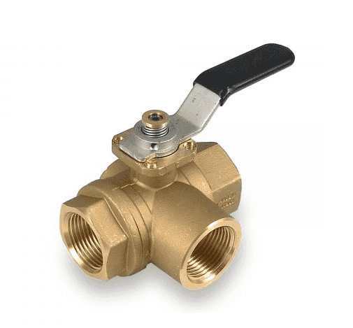S72D41L by RuB Inc. | 3-Way L-Port Horizontal Fitted Ball Valve | 1/2" Female NPT x 1/2" Female NPT x  1/2" Female NPT | with Black Handle & Blocking System | Brass | Pack of 12