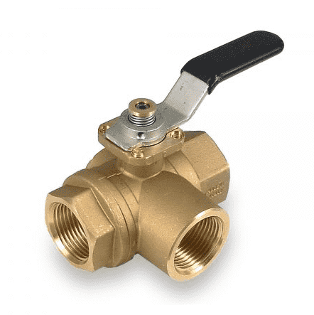 S73D41L by RuB Inc. | 3-Way T-Port Horizontal Fitted Ball Valve | 1/2" Female NPT x 1/2" Female NPT x  1/2" Female NPT | with Black Handle & Blocking System | Brass | Pack of 30