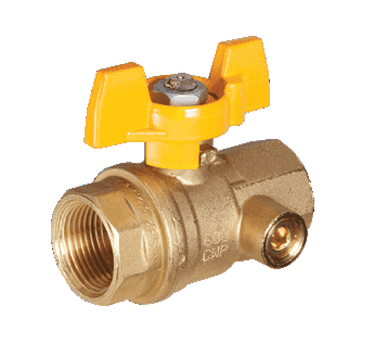 S82F46 by RuB Inc. | Gas Service Side Drain Ball Valve | 1" Female NPT x 1" Female NPT | with Yellow Aluminum T-Handle | Brass | Pack of 9