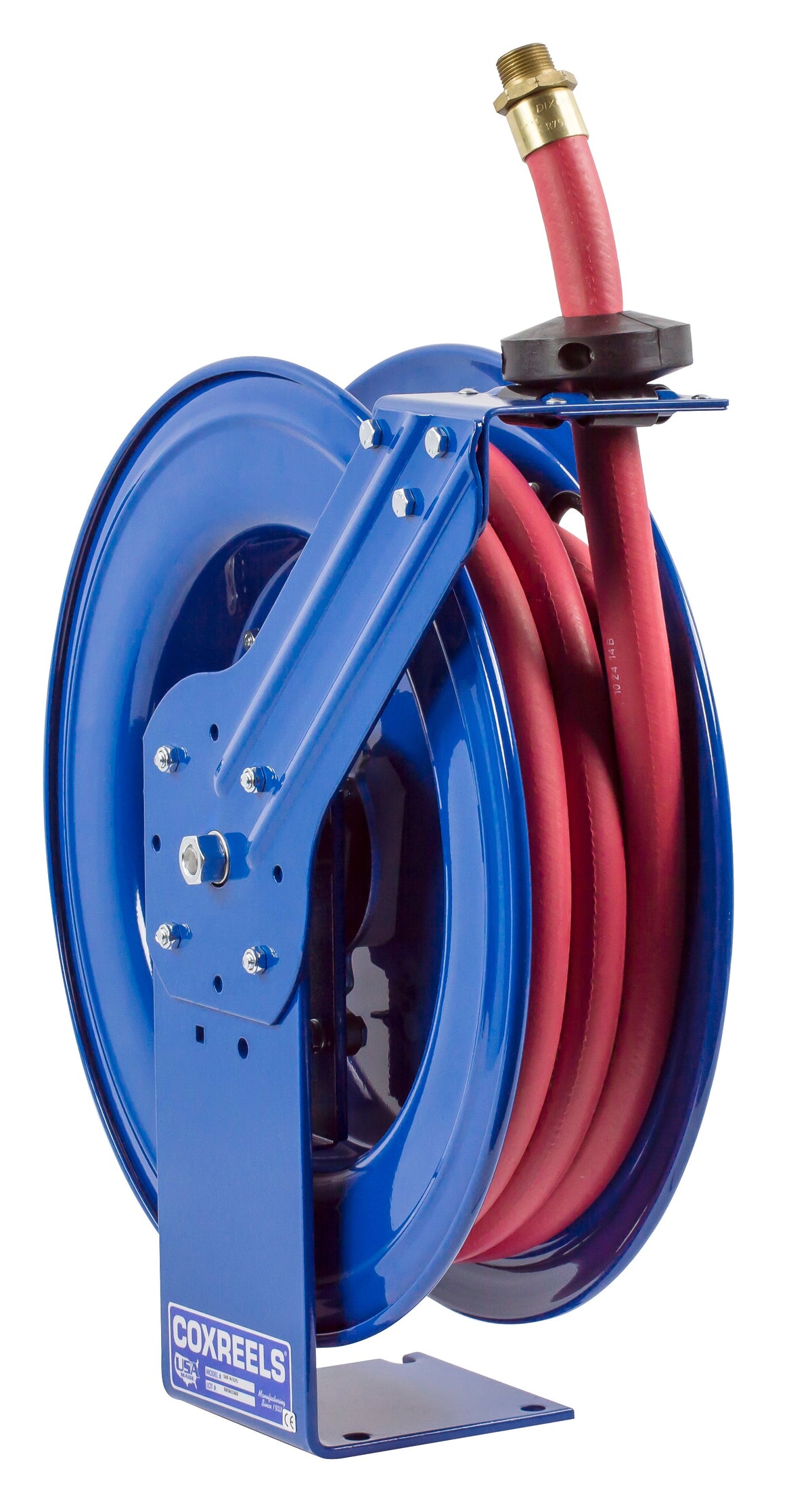 SHF-N-525 by Coxreels | SH-Fuel Series | 300 PSI Spring Driven Hose Reel for Fuel | 3/4" Hose ID, 3/4" FNPT Inlet x 3/4" MNPT Hose End | Steel | 25ft Nitrile Rubber Hose Included