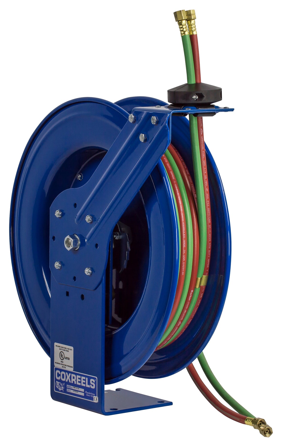 SHWT-N-150 by Coxreels | SHW Series | 200 PSI Dual Hose Spring Driven Hose Reel for Oxy-Fuel Welding (T-Grade) | 1/4" Hose ID, 1/4" FNPT Inlet x 1/4" MNPT Hose End | Steel | 50ft Neoprene Hose Included