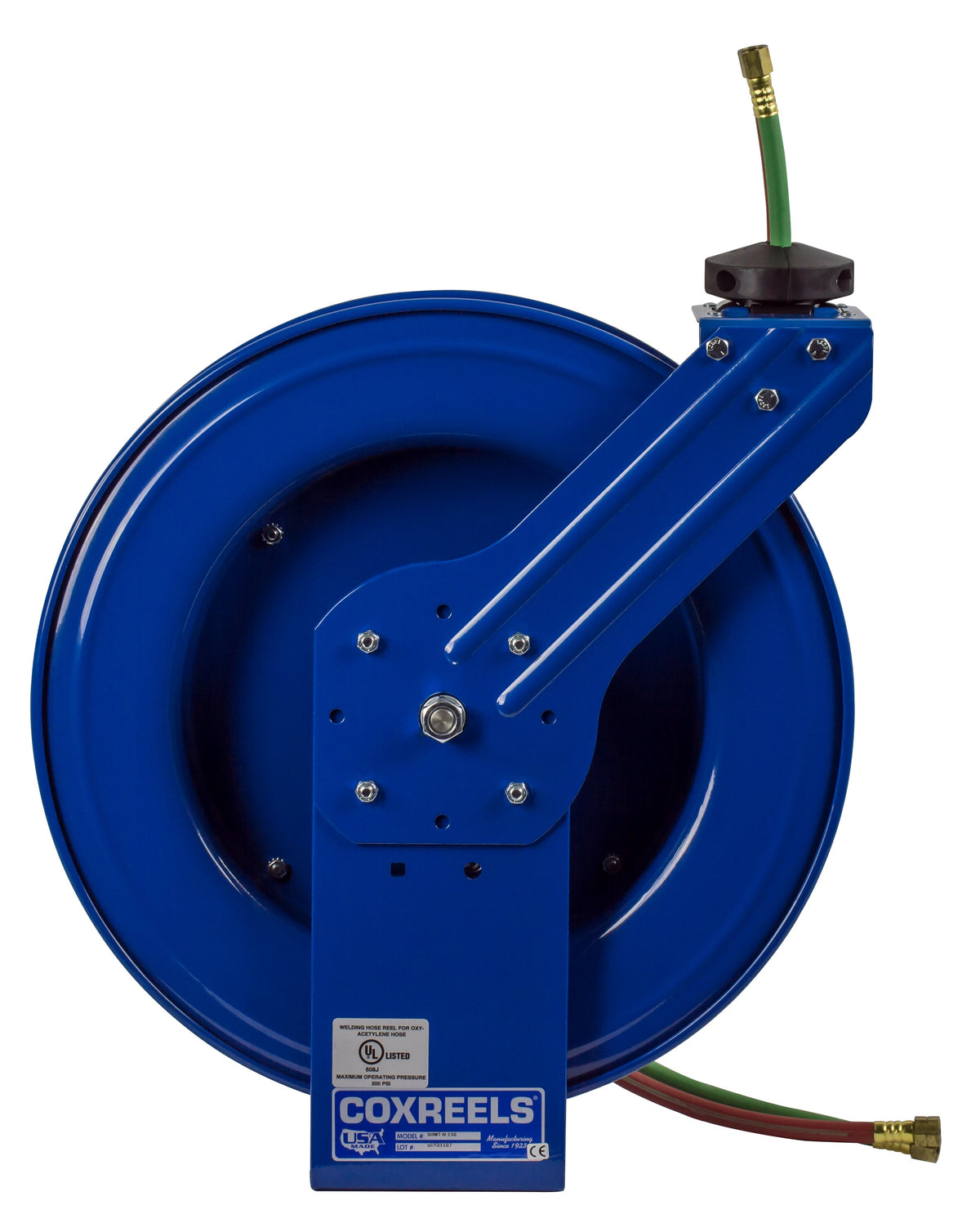 SHWT-N-175 by Coxreels | SHW Series | 200 PSI Dual Hose Spring Driven Hose Reel for Oxy-Fuel Welding (T-Grade) | 1/4" Hose ID, 1/4" FNPT Inlet x 1/4" MNPT Hose End | Steel | 75ft Neoprene Hose Included