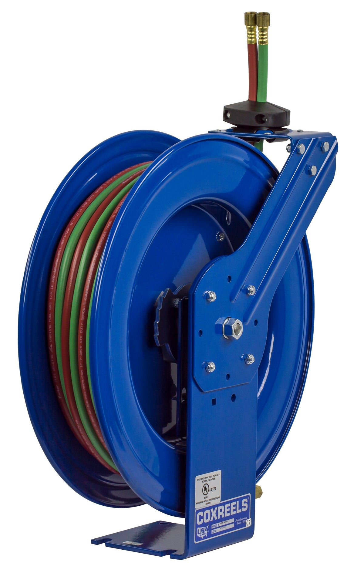SHWT-N-175 by Coxreels | SHW Series | 200 PSI Dual Hose Spring Driven Hose Reel for Oxy-Fuel Welding (T-Grade) | 1/4" Hose ID, 1/4" FNPT Inlet x 1/4" MNPT Hose End | Steel | 75ft Neoprene Hose Included